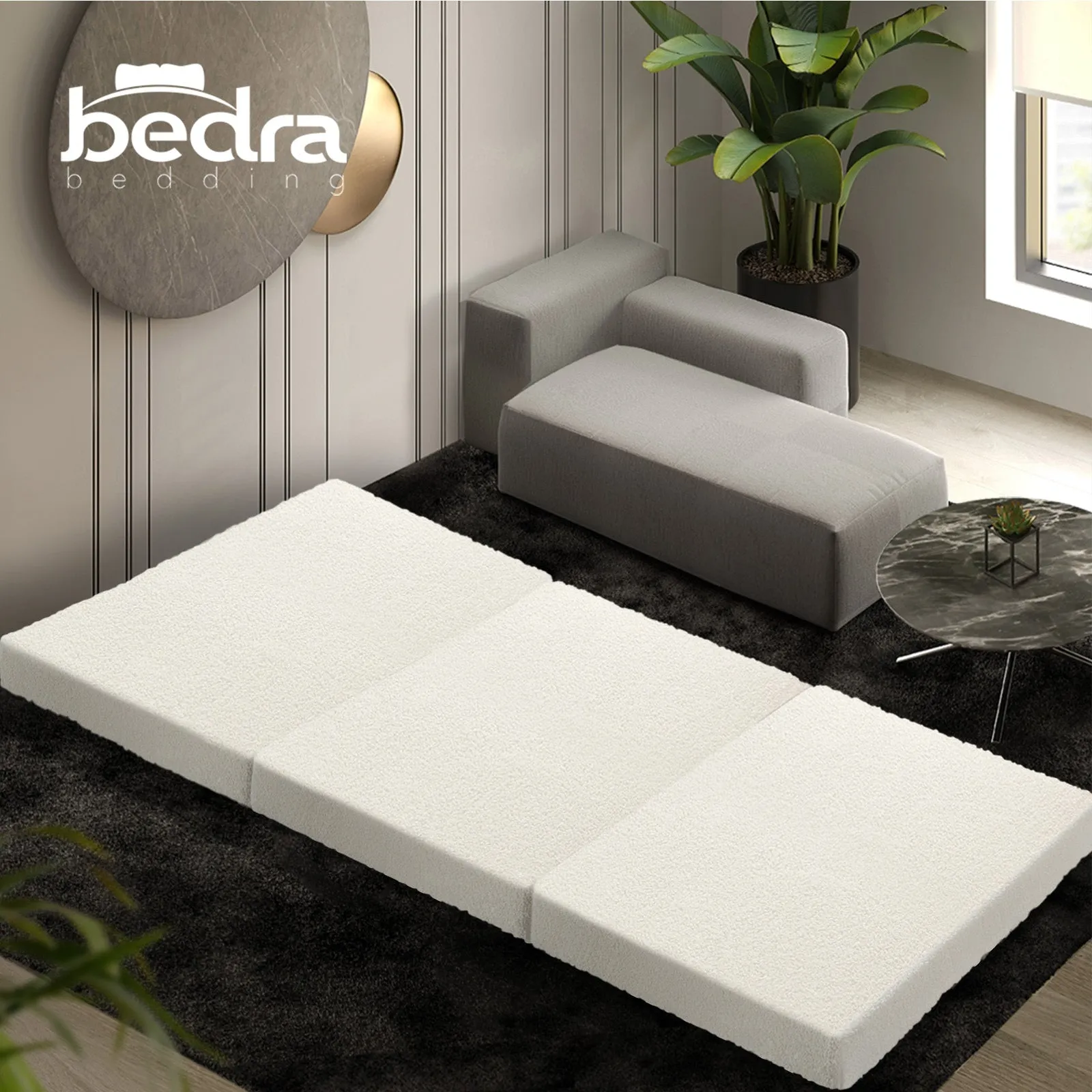 Bedra Folding Foam Mattress Sherpa Fleece Portable 3-fold Foldable Bed Double