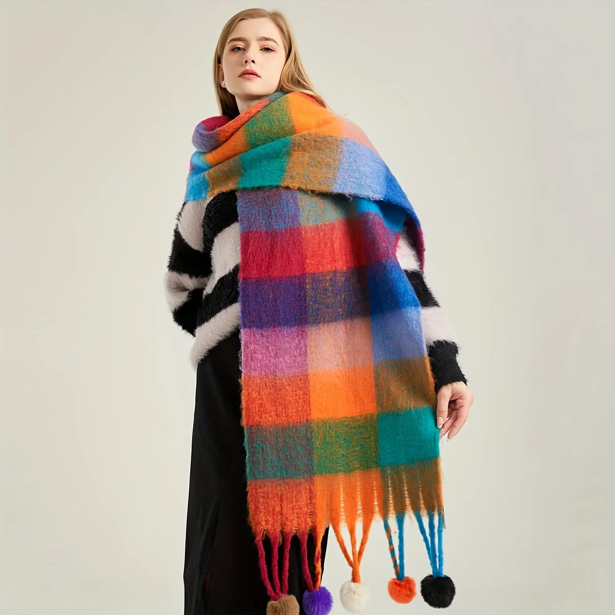 Chunky Rainbow Scarf - Soft Imitation Cashmere, Faux Fur Ball Tassel, Thickened Coldproof, Warm, Long, Plaid Color Block Design, Perfect for Winter Outings and Casual Wear