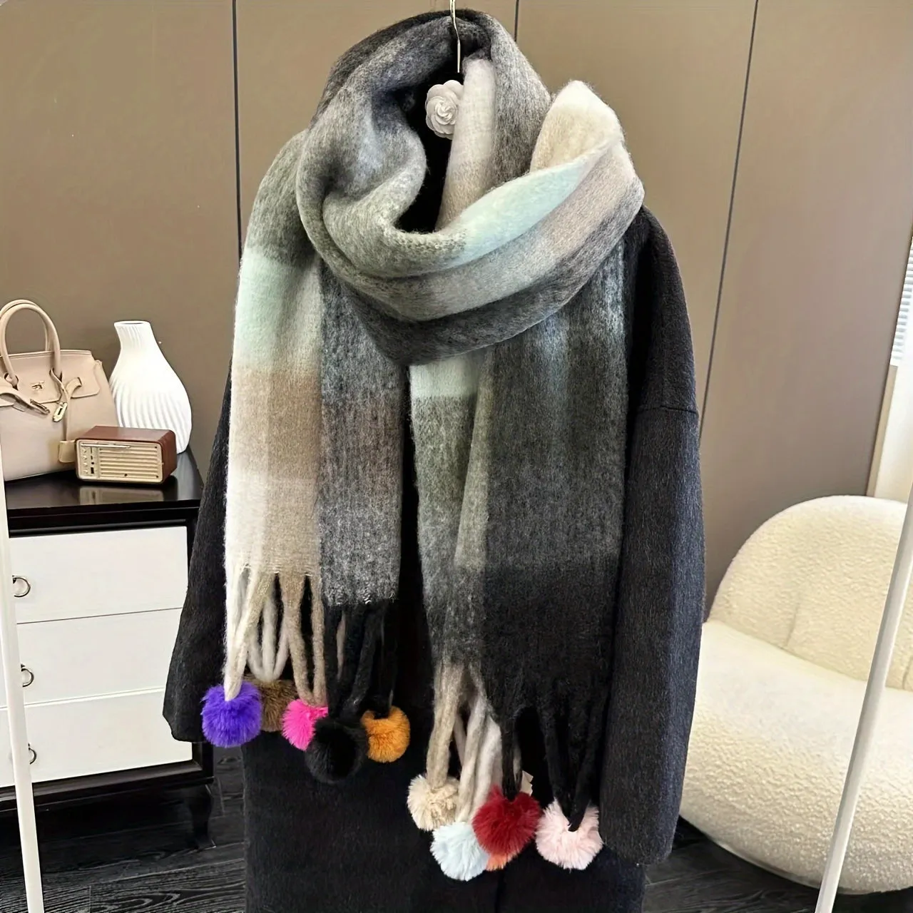 Chunky Rainbow Scarf - Soft Imitation Cashmere, Faux Fur Ball Tassel, Thickened Coldproof, Warm, Long, Plaid Color Block Design, Perfect for Winter Outings and Casual Wear