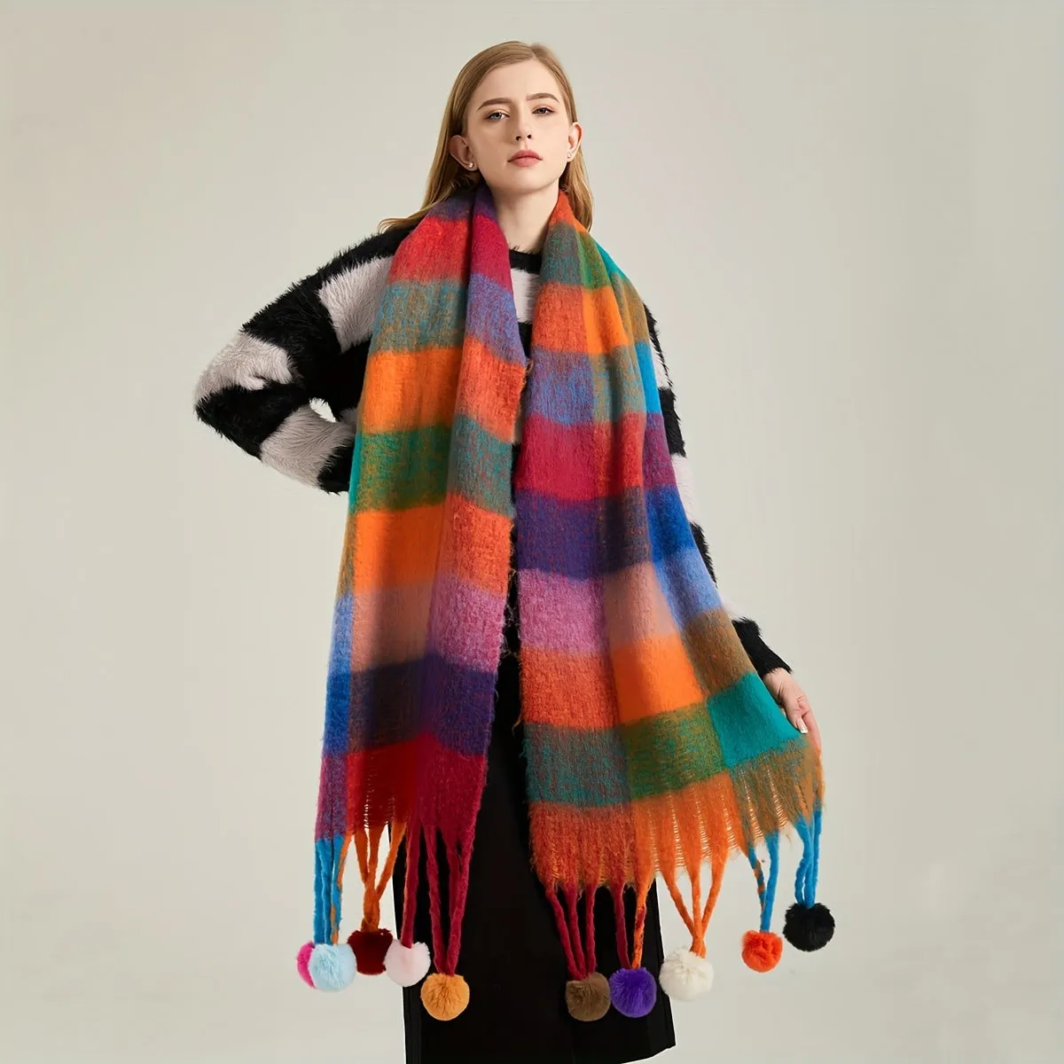 Chunky Rainbow Scarf - Soft Imitation Cashmere, Faux Fur Ball Tassel, Thickened Coldproof, Warm, Long, Plaid Color Block Design, Perfect for Winter Outings and Casual Wear