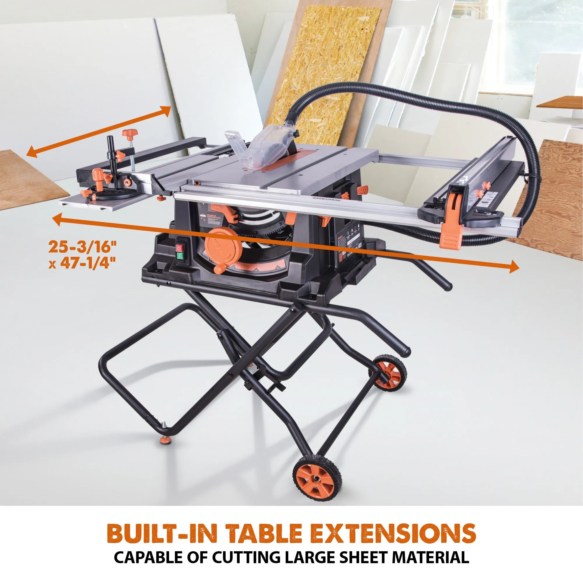 Evolution RAGE5-S: PRO Jobsite Table Saw With Foldable Stand and 10 in. Multi-Material Cutting Blade