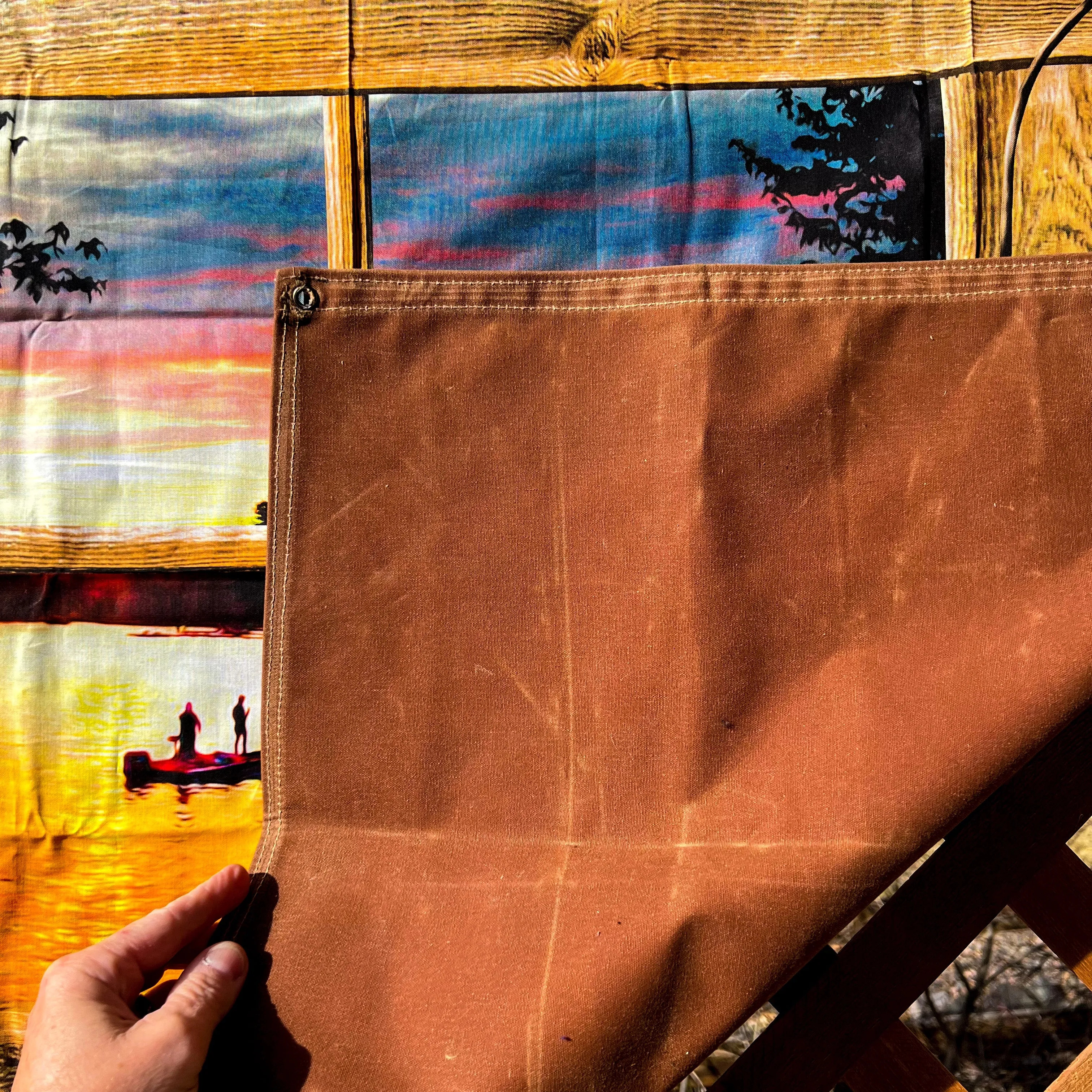 Large Waxed Canvas and Lake Cabin Scene Cotton Lined Bushcraft Ground Cloth