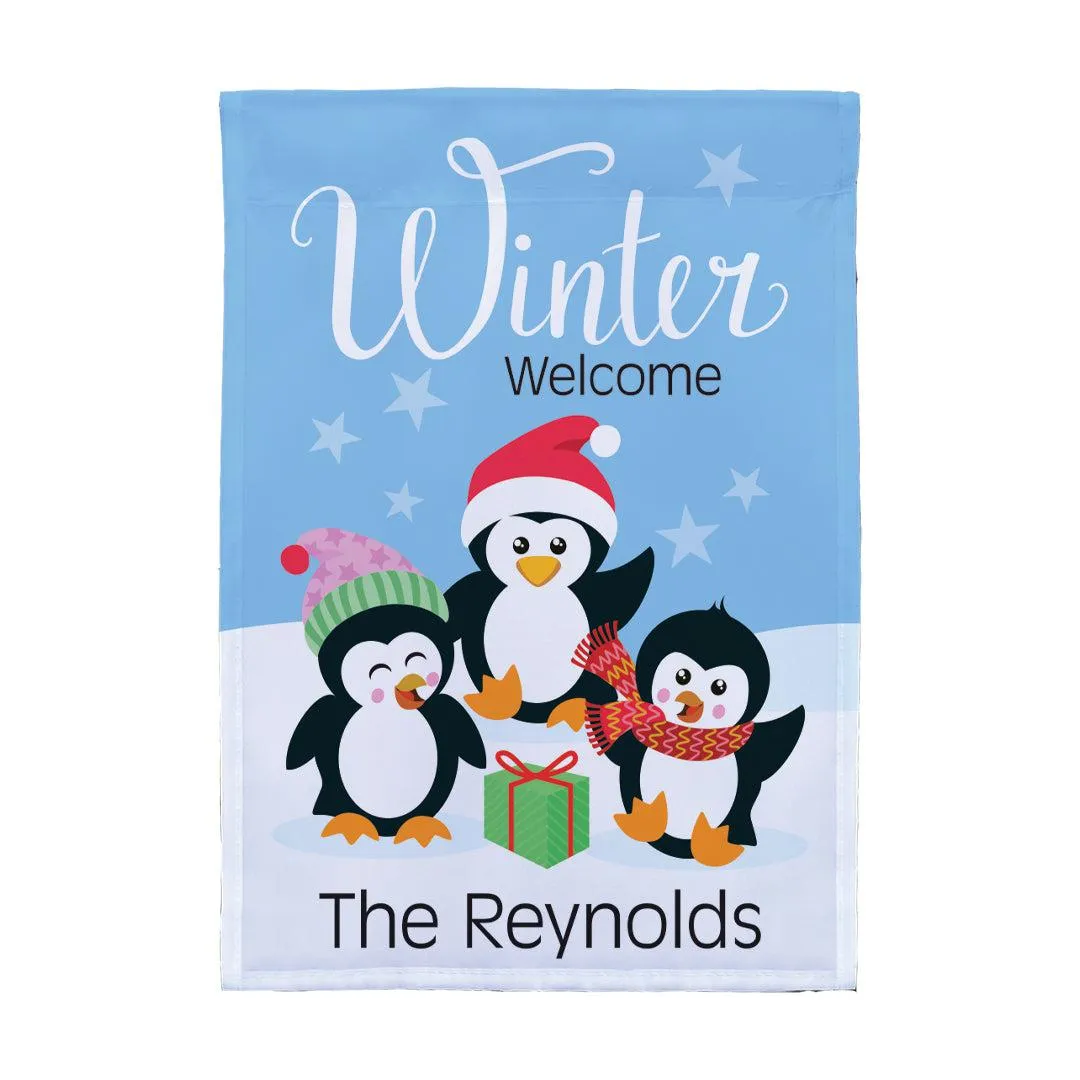 Personalized Winter Welcome Penguins Garden Flag