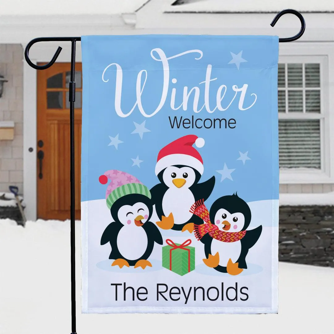 Personalized Winter Welcome Penguins Garden Flag