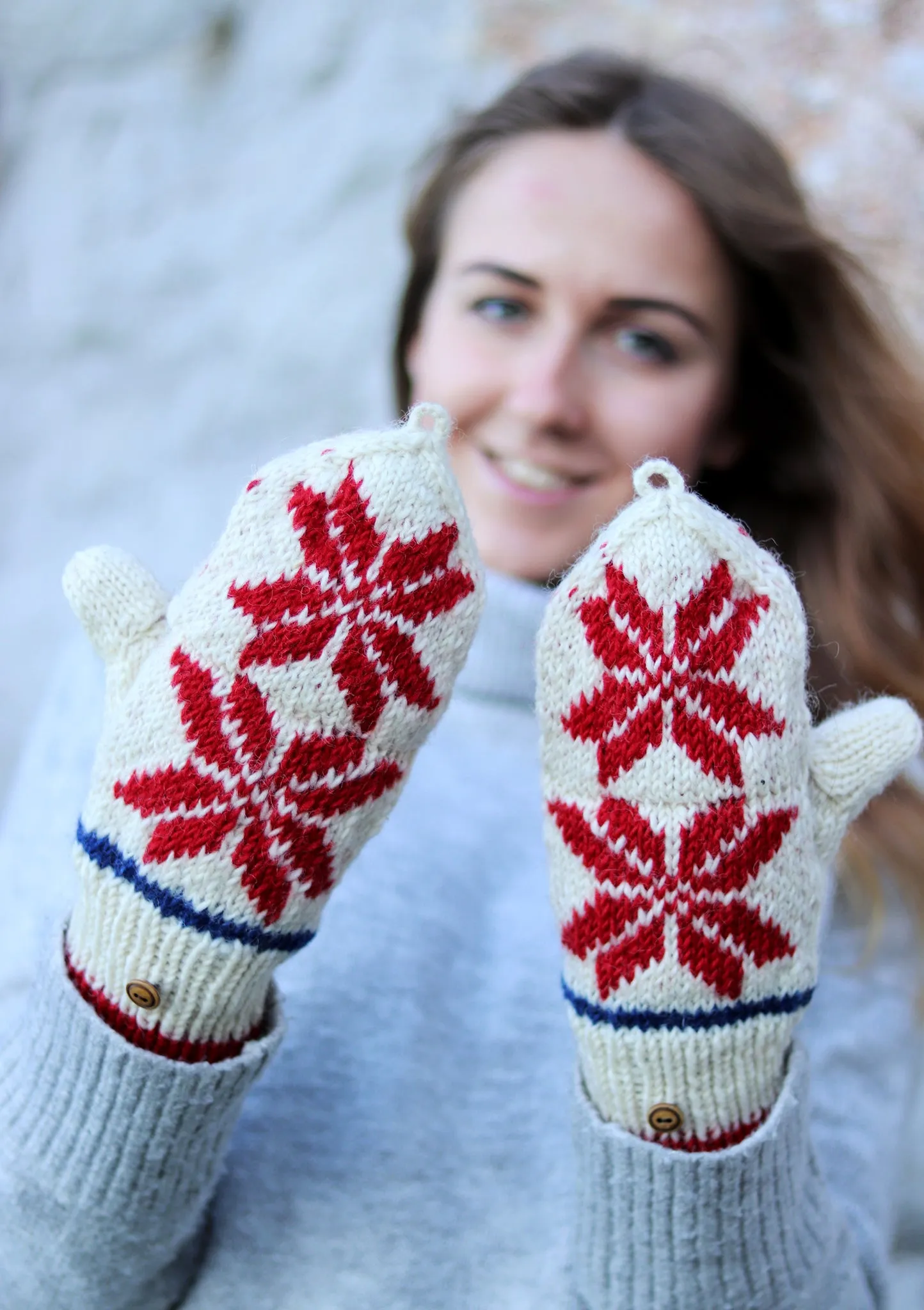 Pure Wool Snow Flake Pattern Convertible Mittens