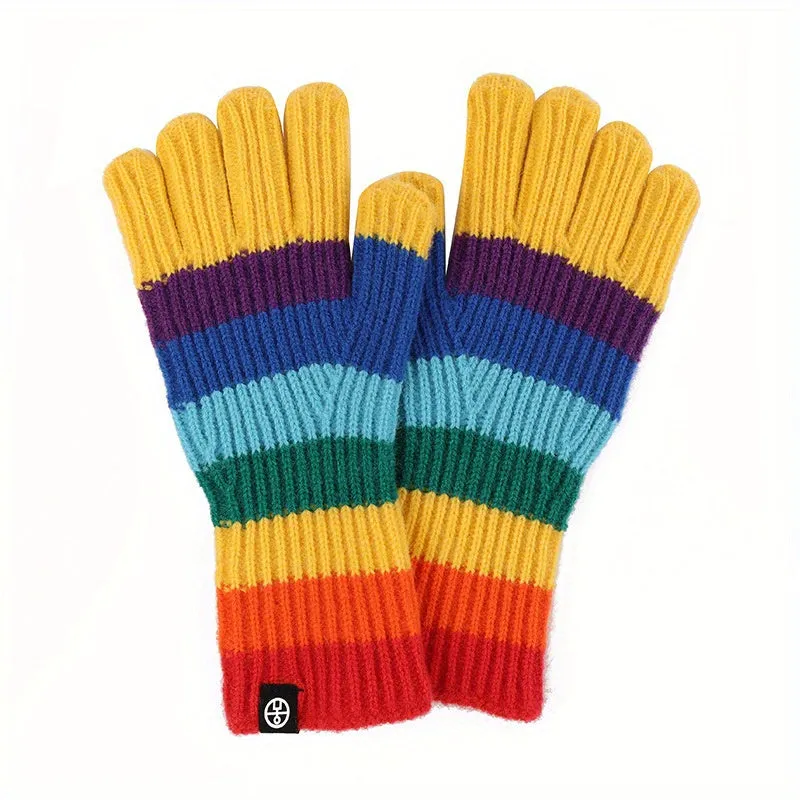 Rainbow Stripe Knitted Gloves: Touch Screen Friendly, Soft and Comfortable, Suitable for Outdoor Activities, Travel, Parties, and Dates - Women's Winter Gloves