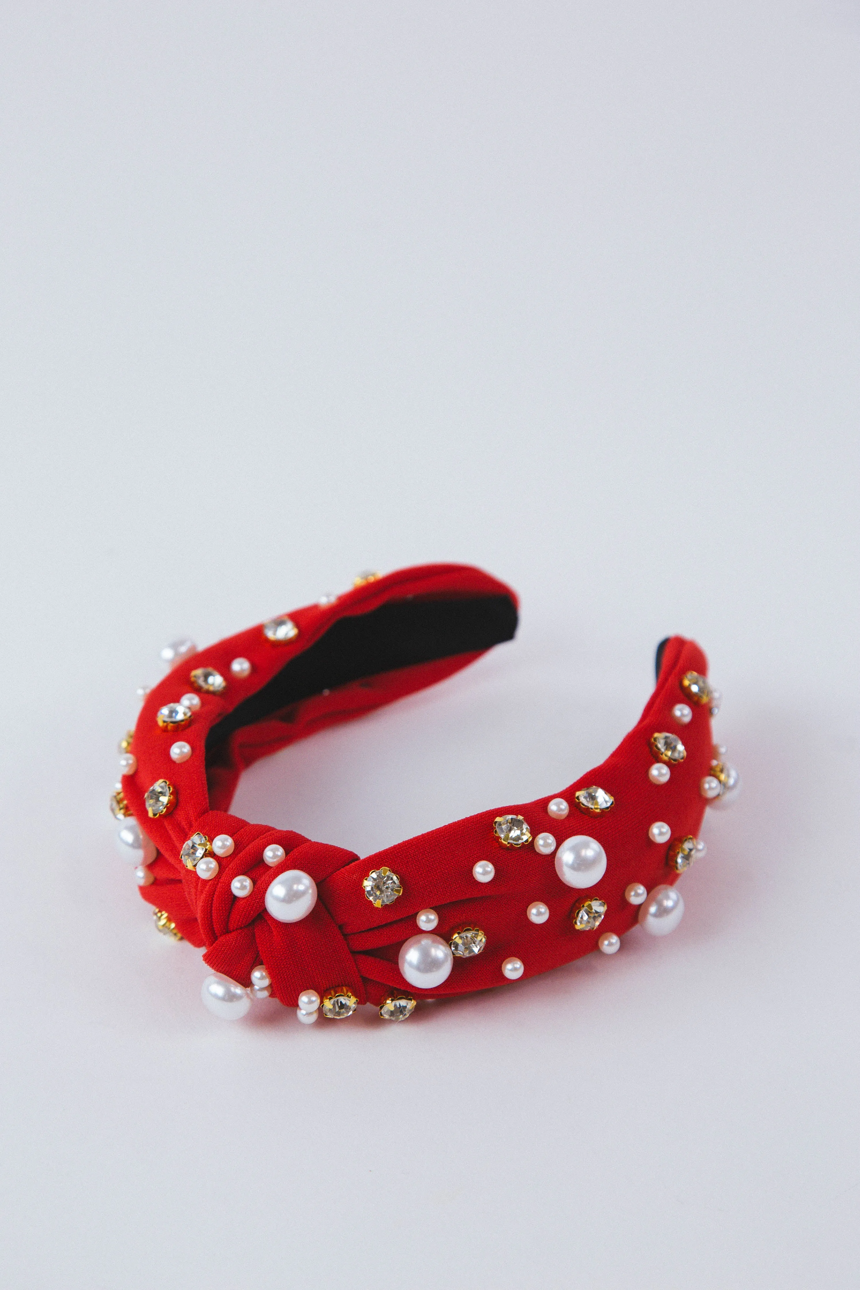 Rhinestone Pearl Top Knot Headband, Red