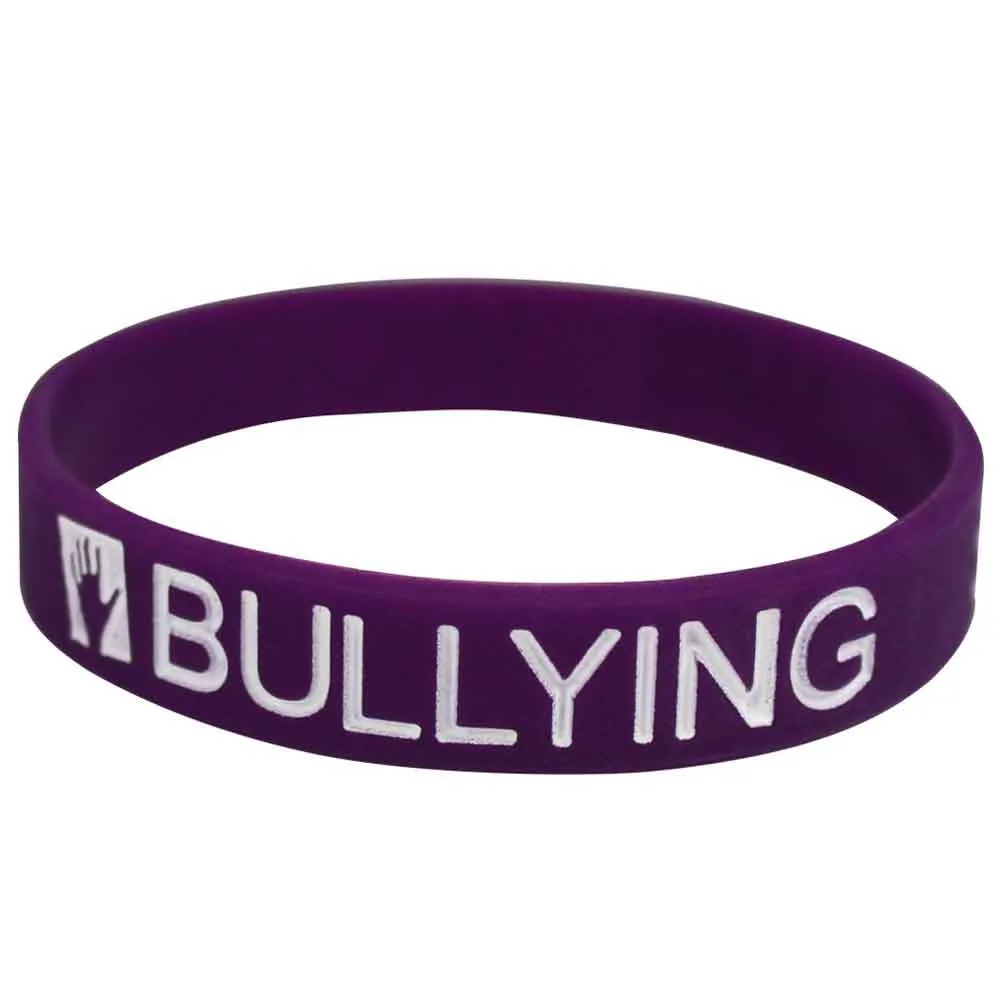 Silicone Wristbands Color Filled Debossed 1/2" Words Hurt-Bullying-Save A Life - Grape (100/Pack)