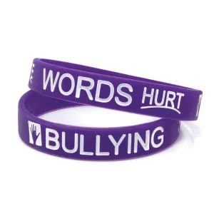 Silicone Wristbands Color Filled Debossed 1/2" Words Hurt-Bullying-Save A Life - Grape (100/Pack)