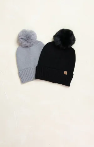 Solid Beanie with Faux Pom