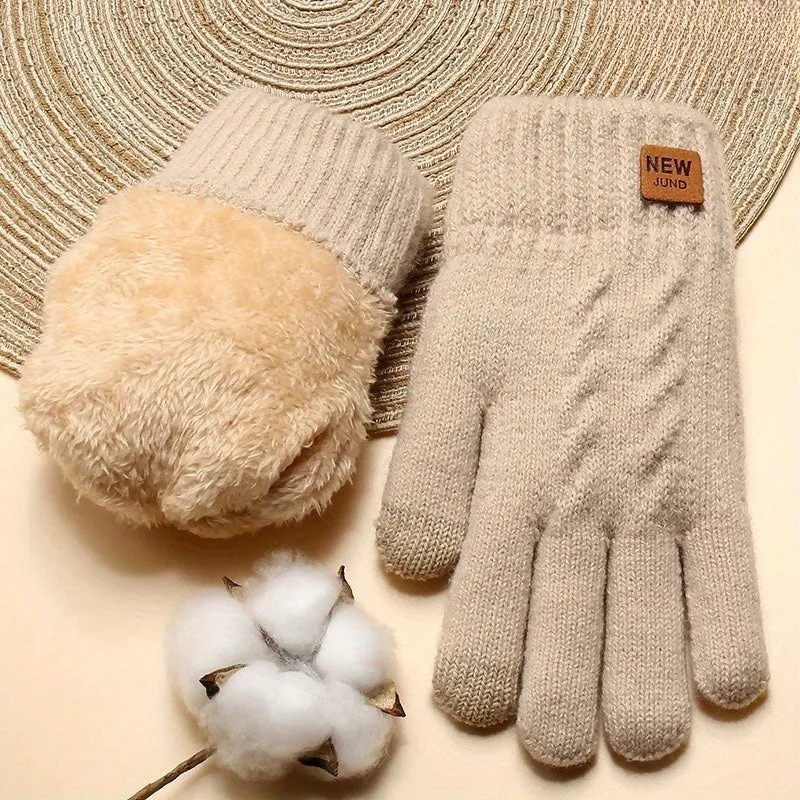 Touchscreen-Compatible Winter Gloves - Warm, Stretchy Knit With Imitation Wool Lining, Full Finger Design For Outdoor Activities