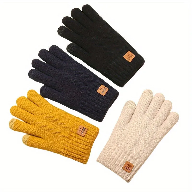 Touchscreen-Compatible Winter Gloves - Warm, Stretchy Knit With Imitation Wool Lining, Full Finger Design For Outdoor Activities