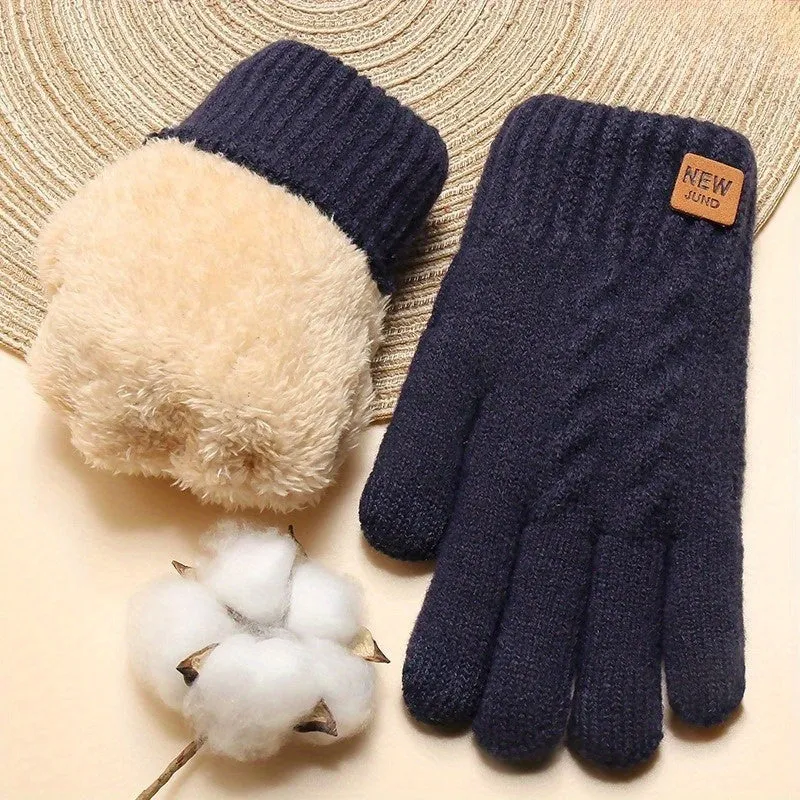 Touchscreen-Compatible Winter Gloves - Warm, Stretchy Knit With Imitation Wool Lining, Full Finger Design For Outdoor Activities