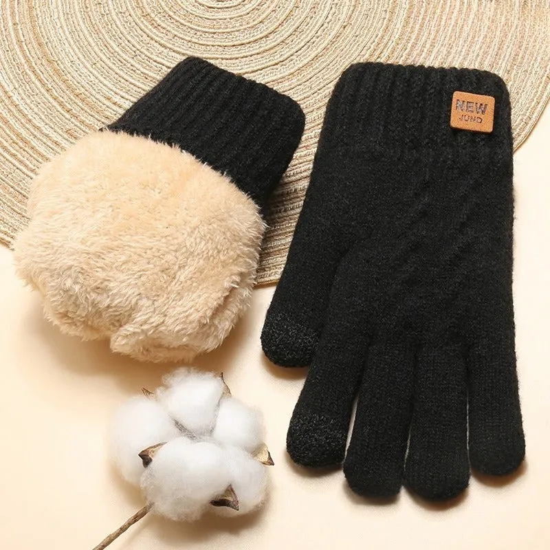 Touchscreen-Compatible Winter Gloves - Warm, Stretchy Knit With Imitation Wool Lining, Full Finger Design For Outdoor Activities