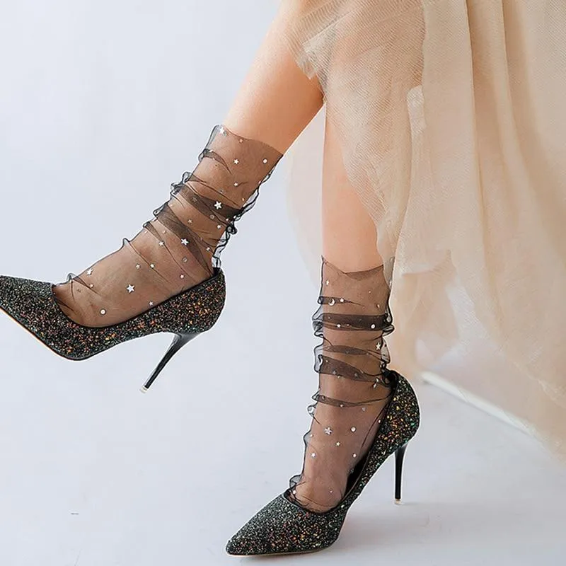 Women Fashion Star Moon Tulle Transparent Ultra-Thin Chiffon Socks