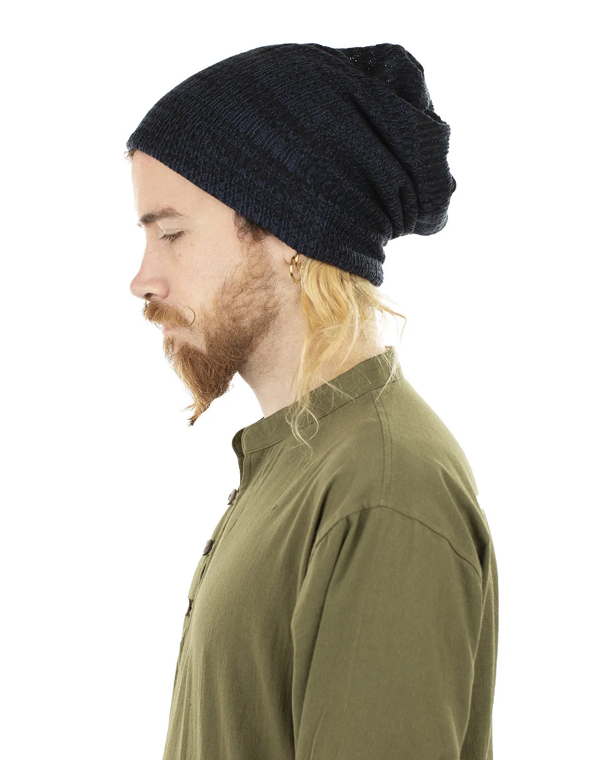 Woven Cotton Slouch Beanie Hat Blue